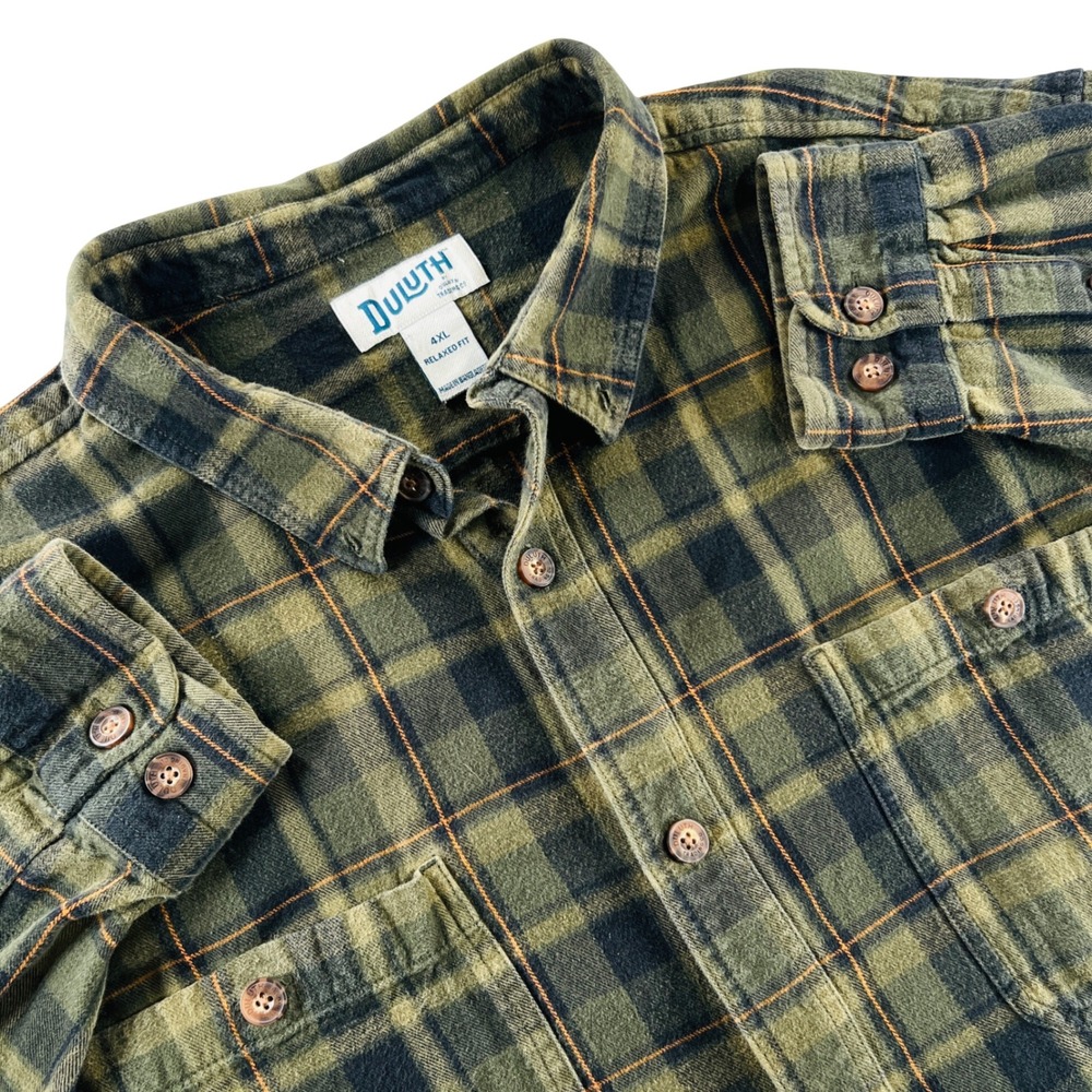Duluth Trading Co Flannel Shirt Mens 4XL Green Plaid Relaxed Fit Cotton Workwear